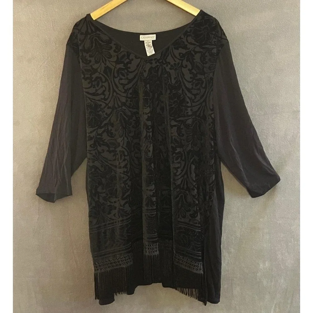 Catherine's Black Velvet Burnout Damask Fringe Tunic Top 2X 22/24W Dark Floral - Picture 2 of 5